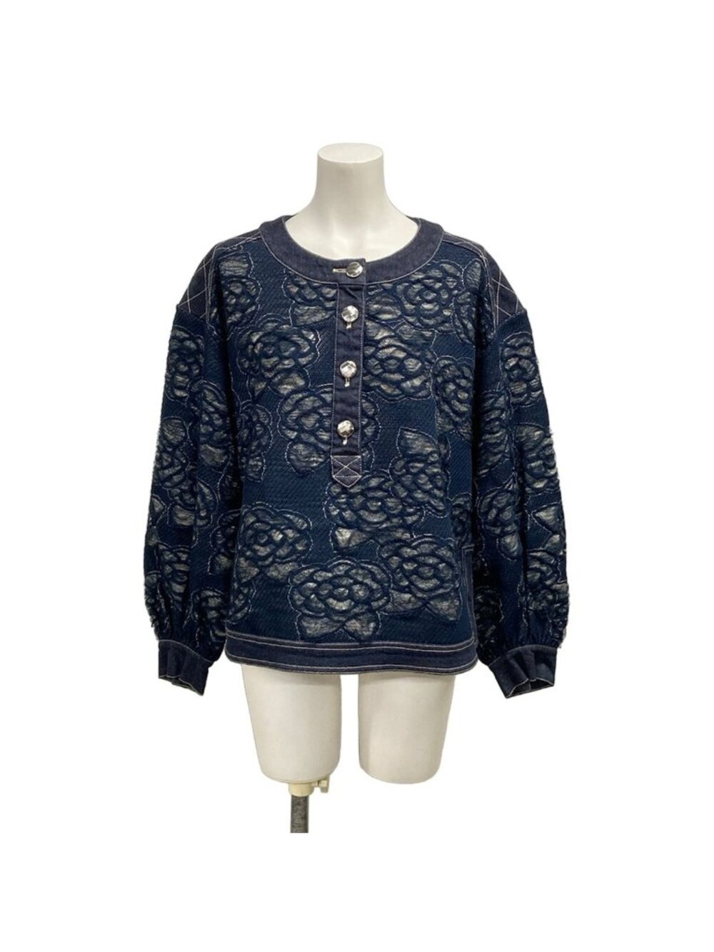 Chanel Long Sleeve Top /40 Navy Ivory Crew Neck Denim Camellia Cotton 38